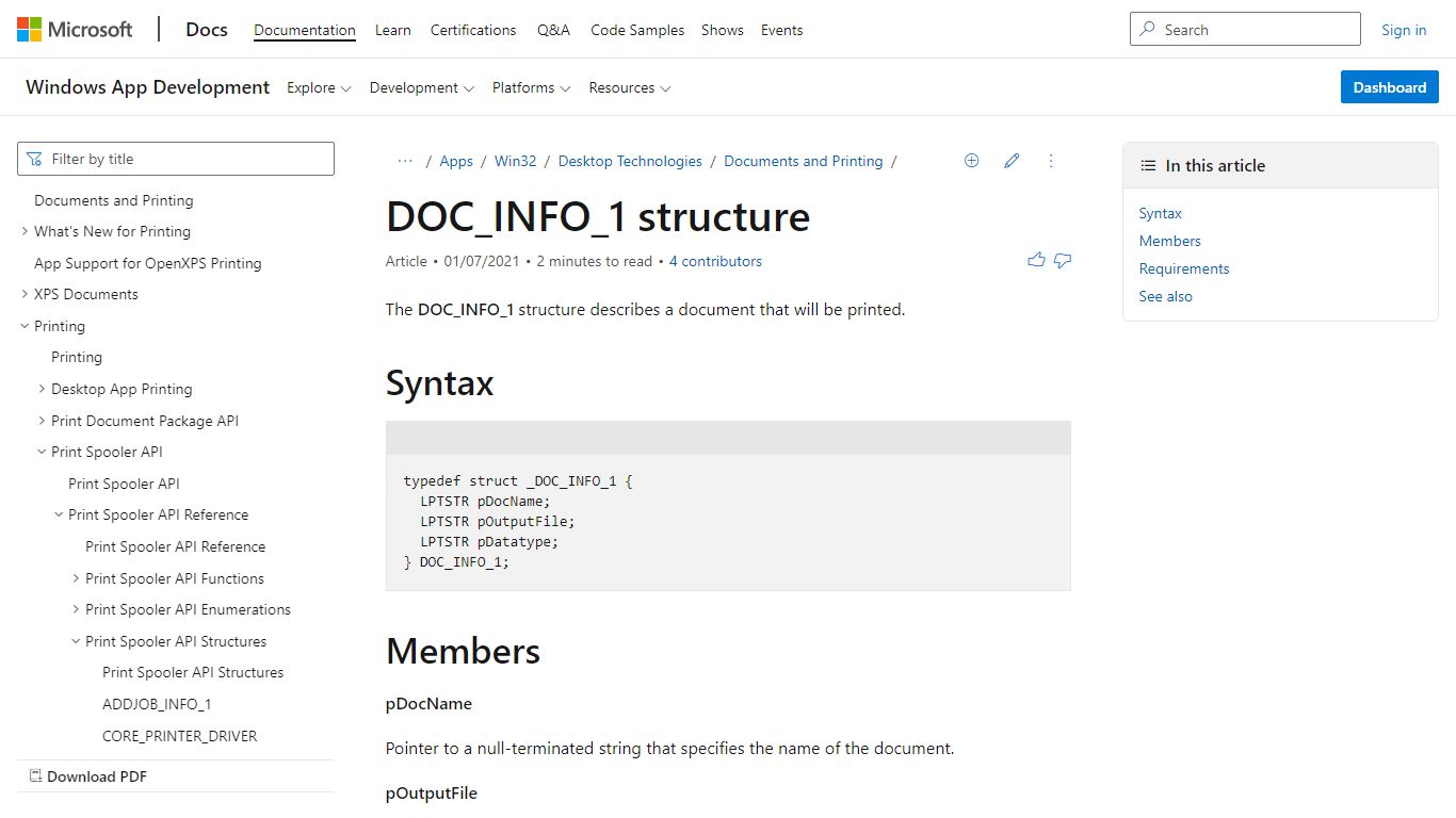 DOC_INFO_1 structure (Winspool.h) - Win32 apps | Microsoft Docs