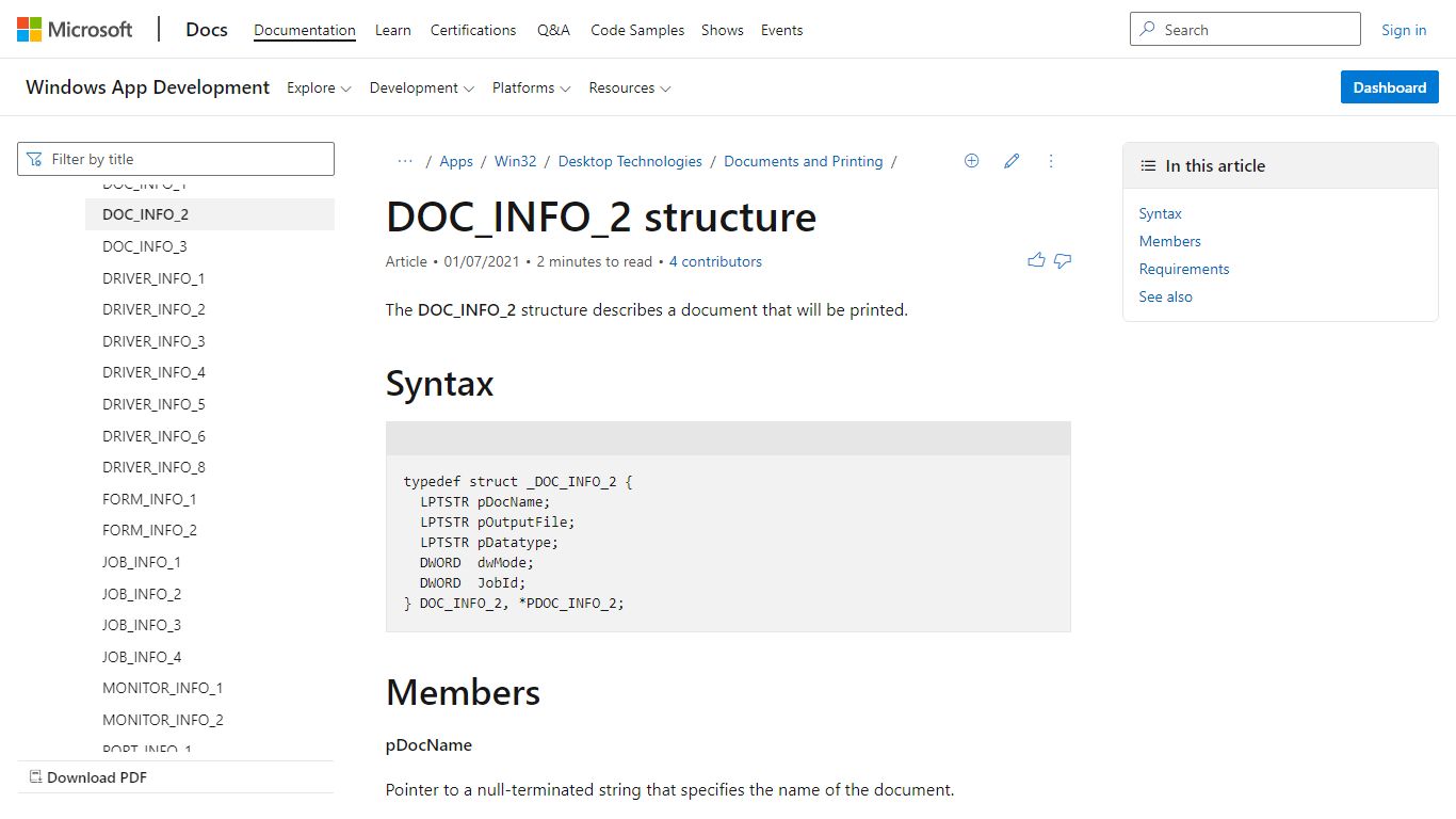 DOC_INFO_2 structure (Winspool.h) - Win32 apps | Microsoft Docs